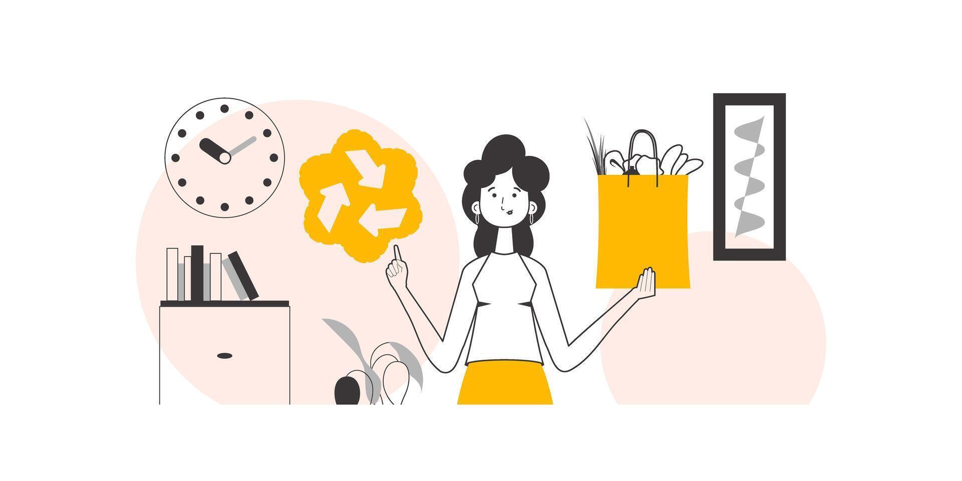 The concept of reasonable consumption. Girl, package with products and eco logo. Linear modern style. vector