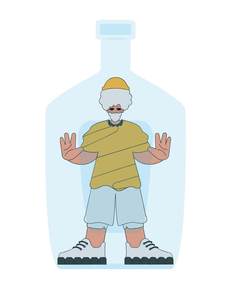 A man is a hostage inside a bottle. Alcohol addiction. vector