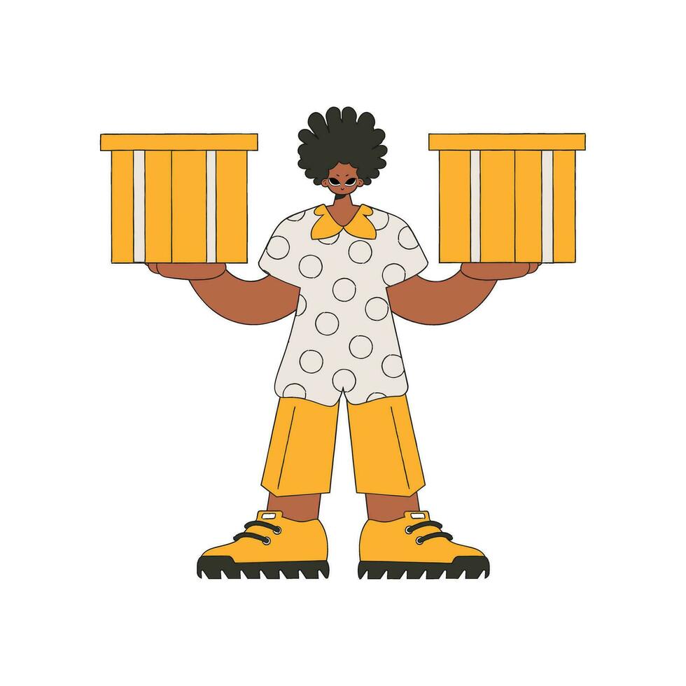 An attractive guy is holding boxes. Parcel and cargo transportation. vector