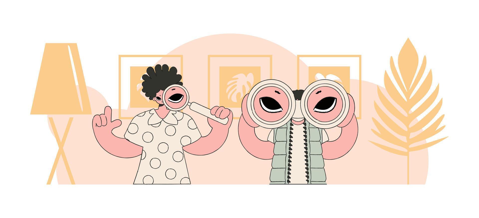 A young group of HR people are holding binoculars and a magnifier in their hands. Good for job postings and flyers. vector