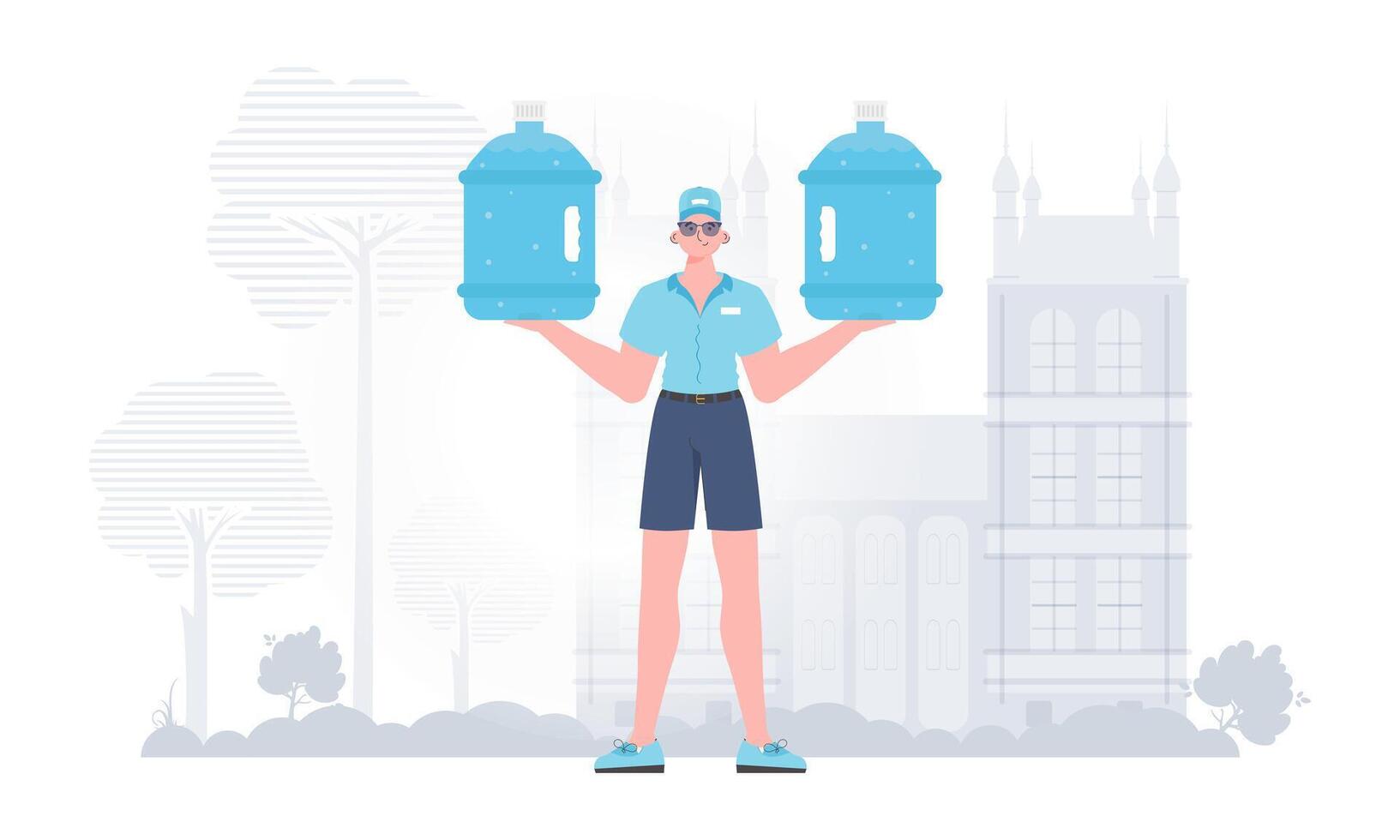 Water delivery concept. The man is holding a large water bottle. Stylish character is depicted in full growth. Vector. vector