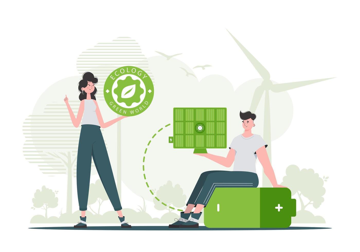 A girl and a guy and a solar panel. Green energy concept. . vector