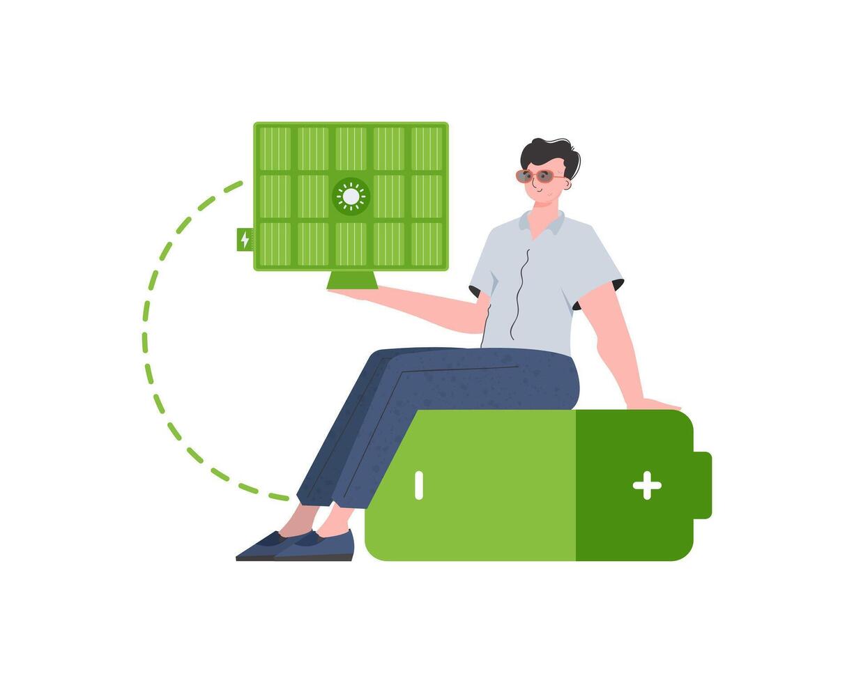 A man sits on a battery and holds a solar panel in his hands. Eco energy concept. Isolated. trendy style. illustration. vector