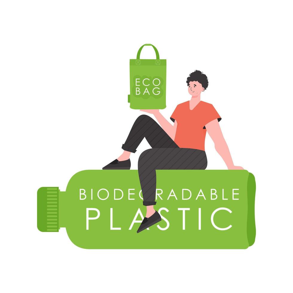 un hombre se sienta en un botella hecho de biodegradable el plastico y sostiene un eco bolso en su manos. el concepto de ecología y cuidado para el ambiente. aislado. Moda tendencia vector ilustración.