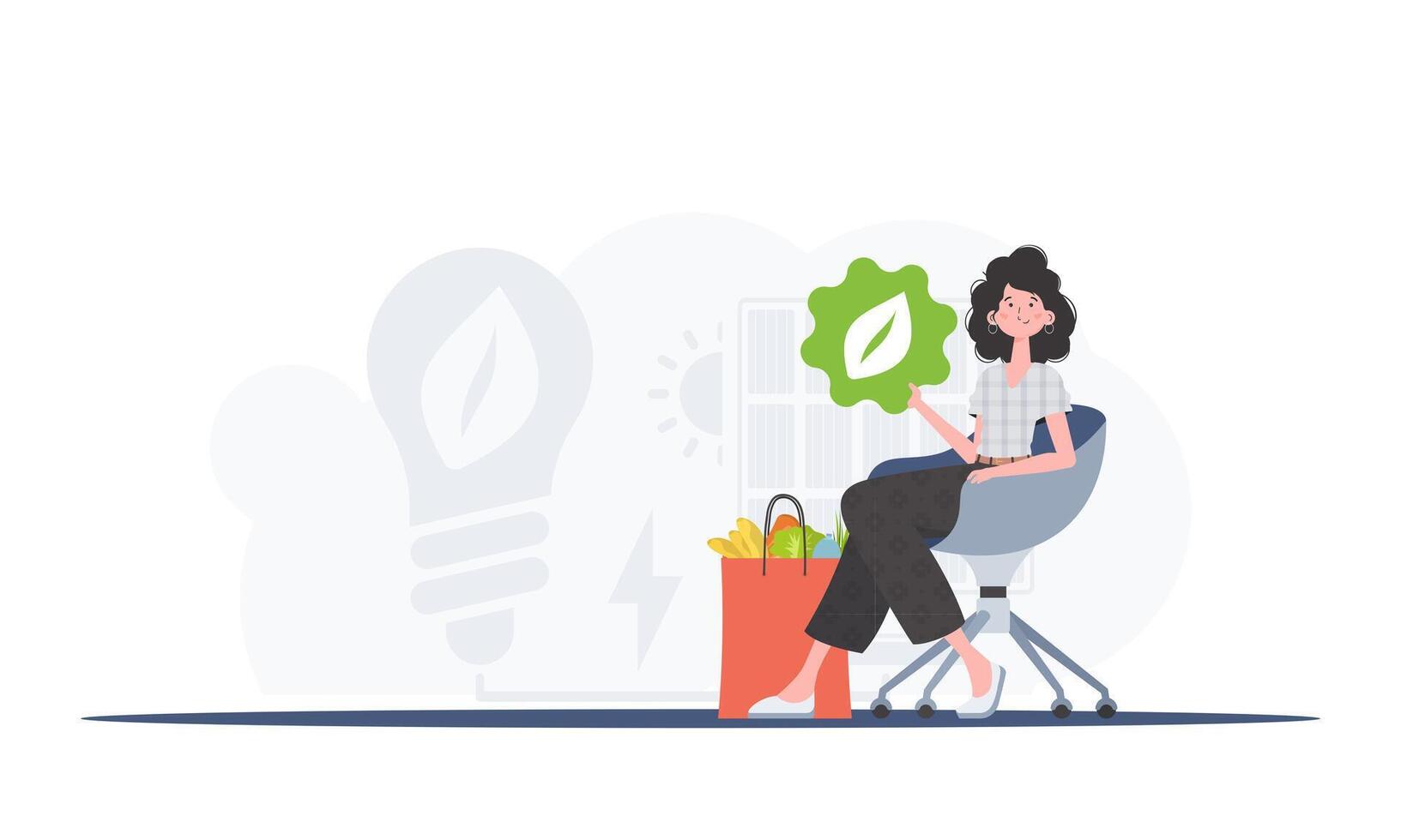 A woman sits next to a package with healthy food and holds an EKO icon. The concept of ecology, zero waste and healthy eating. Flat trendy style. . vector