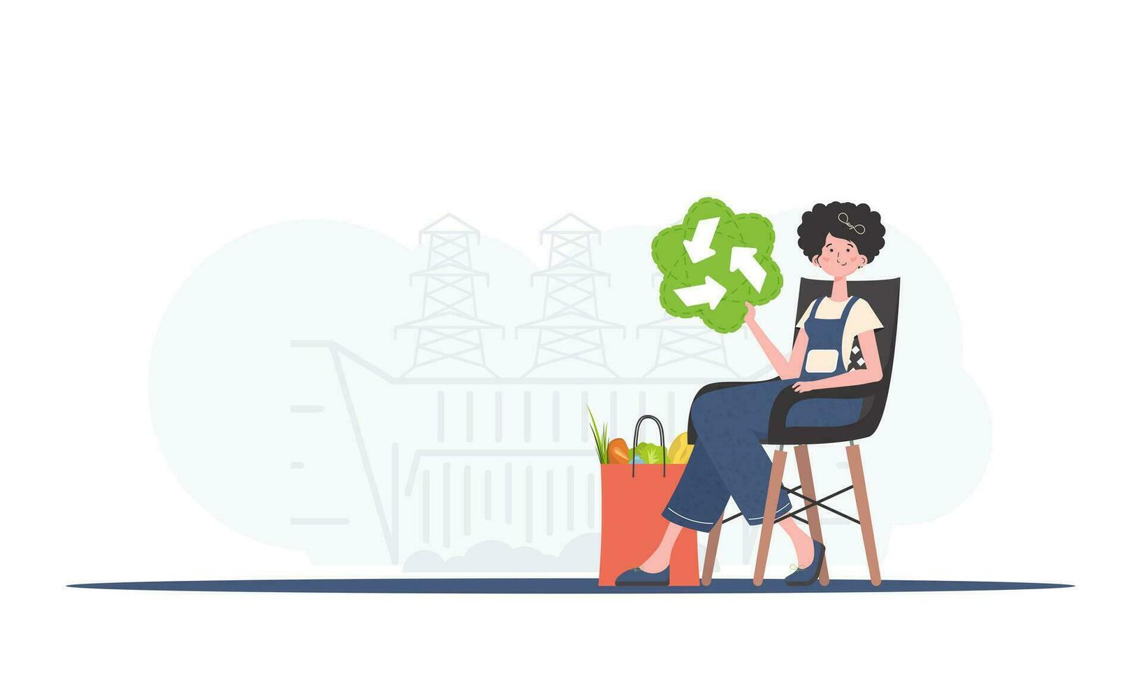 el niña es sentado siguiente a un paquete con sano comida y participación un eko icono. el concepto de ecología, cero residuos y sano comiendo. tendencia estilo, vector ilustración.