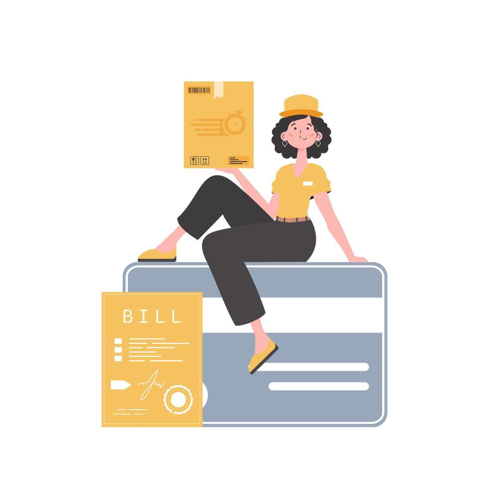 A woman courier sits on a bank card and holds a box. Delivery concept. Isolated. Cartoon style. . vector