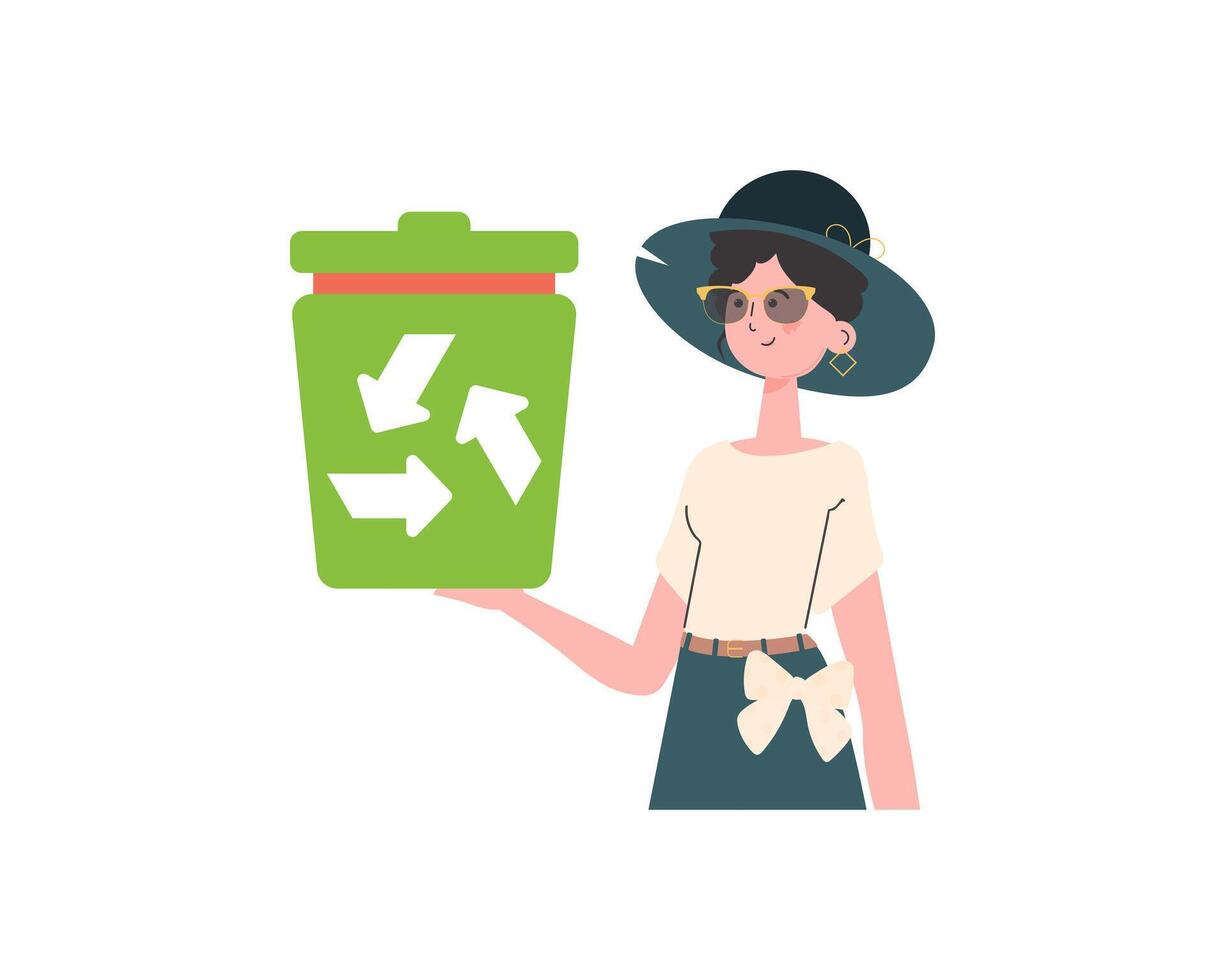 The girl is depicted waist-deep and holding an urn in her hands. The concept of ecology and recycling. Isolated on white background. illustration Flat trendy style. vector
