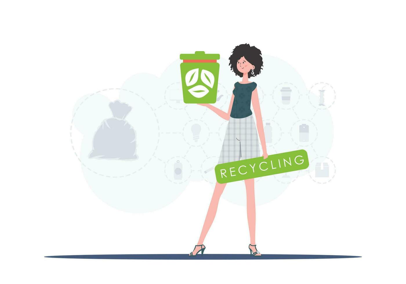 el concepto de reciclaje y cero desperdiciar. un mujer sostiene un urna en su manos. de moda personaje estilo. vetcor. vector