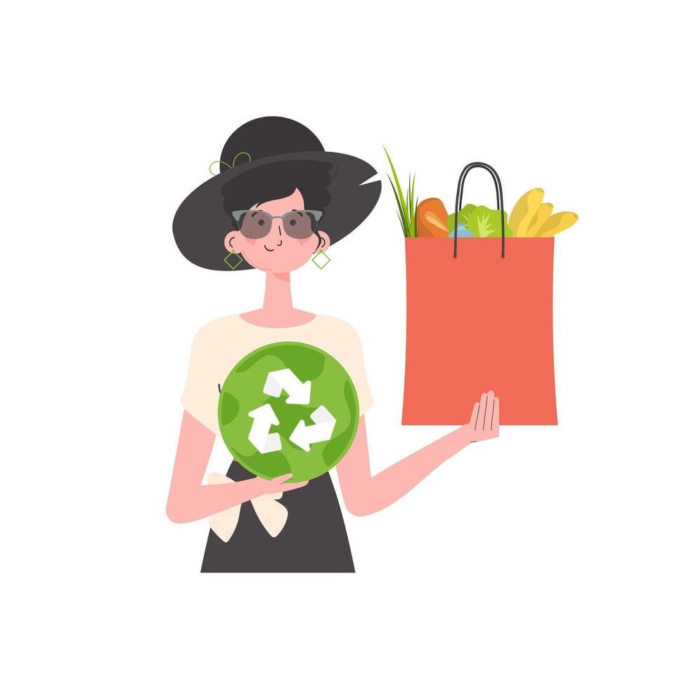 The woman is shown waist-deep and holding a bag of healthy food in her hands and showing the EKO icon. Isolated on white background. Trend illustration. vector
