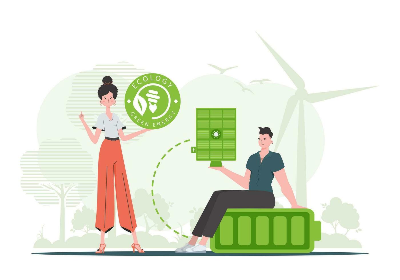 Woman and Man and solar panel. The concept of solar energy. Vector illustration.