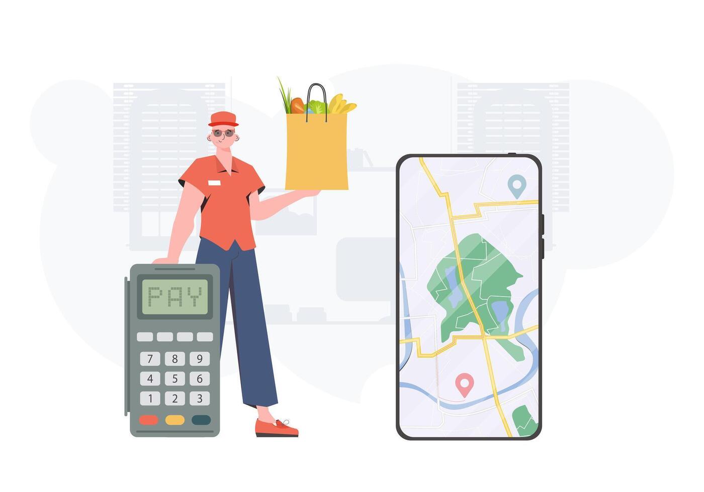 Home delivery concept. A man delivers a package of products. trendy style. . vector