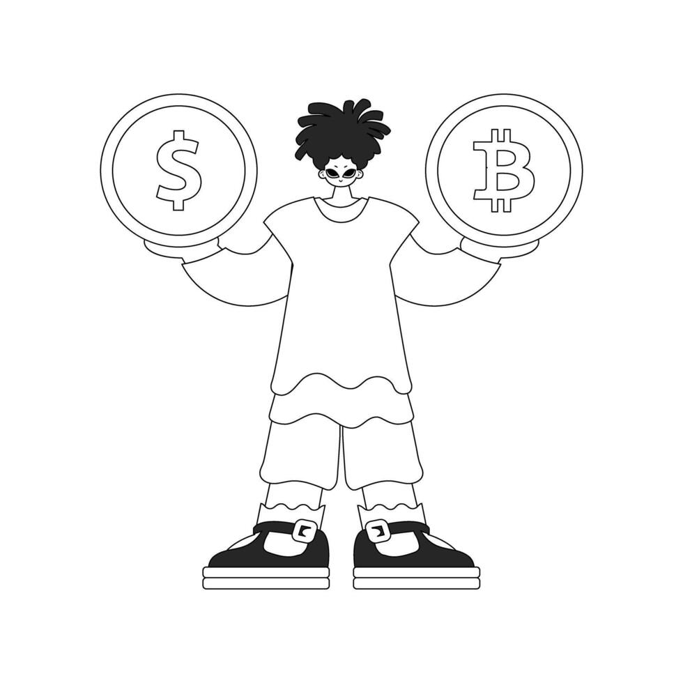 A stunning man holds a bitcoin and dollar coin in his hands. Linear newspaper black and white style. vector