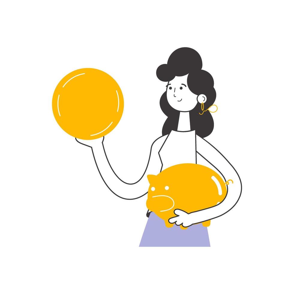 A woman holds a coin and a piggy bank in her hands. The theme of saving money. Linear modern style. Isolated. Vector. vector