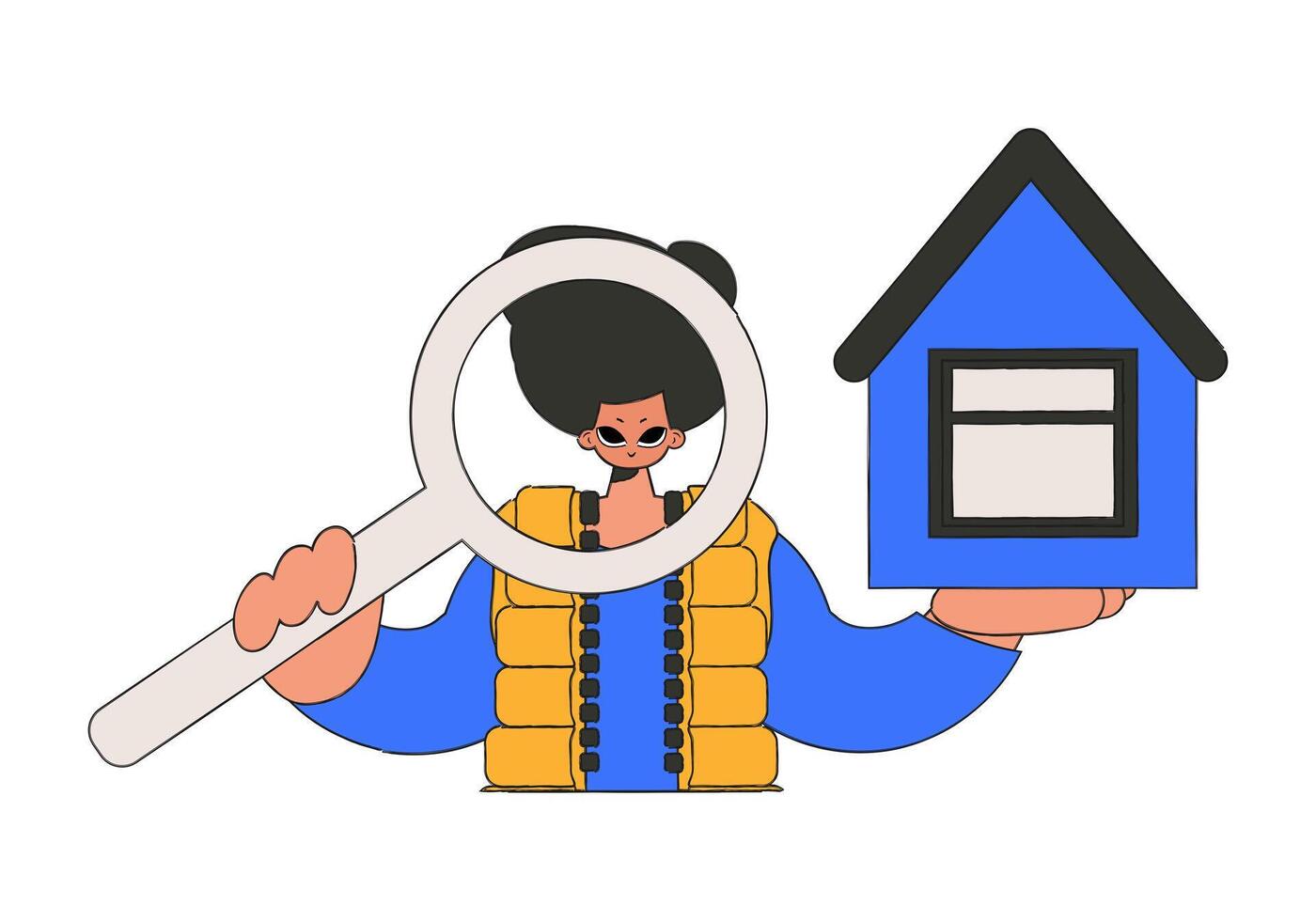 A male realtor is holding a house and a magnifying glass. House ownership. vector