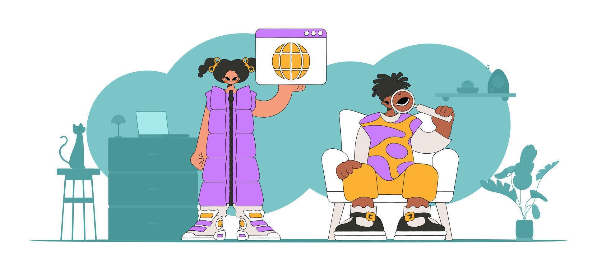 A man and a woman help to find information on the Internet. Modern character style. vector