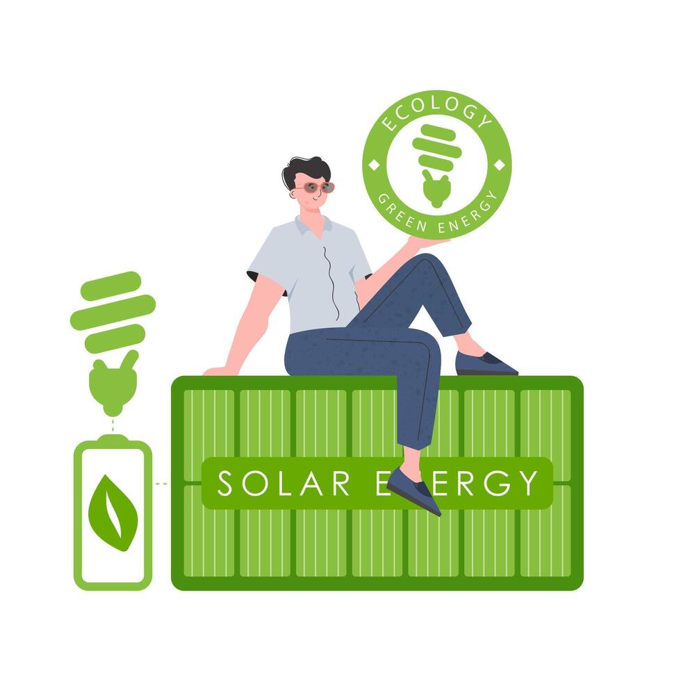 A man sits on a solar panel and holds the ECO logo in his hands. The concept of ecology and green energy. Isolated on white background. trendy style. illustration. vector