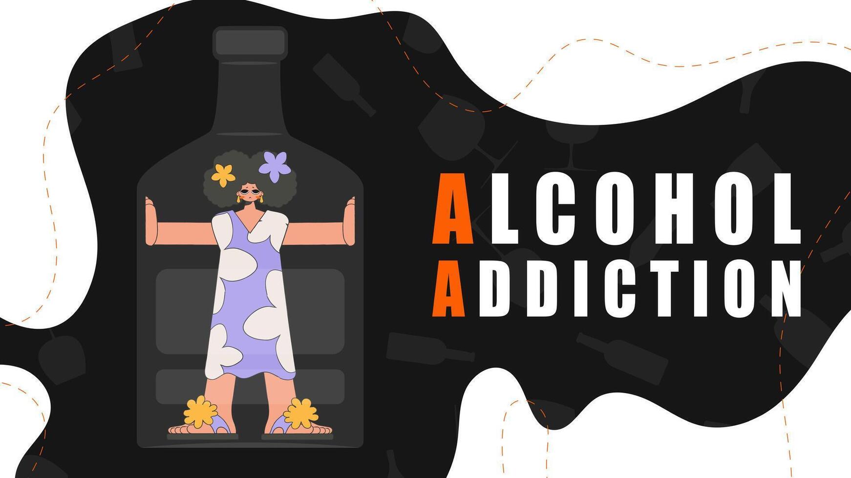 Banner Alcohol addiction. The girl is a hostage inside the bottle. vector