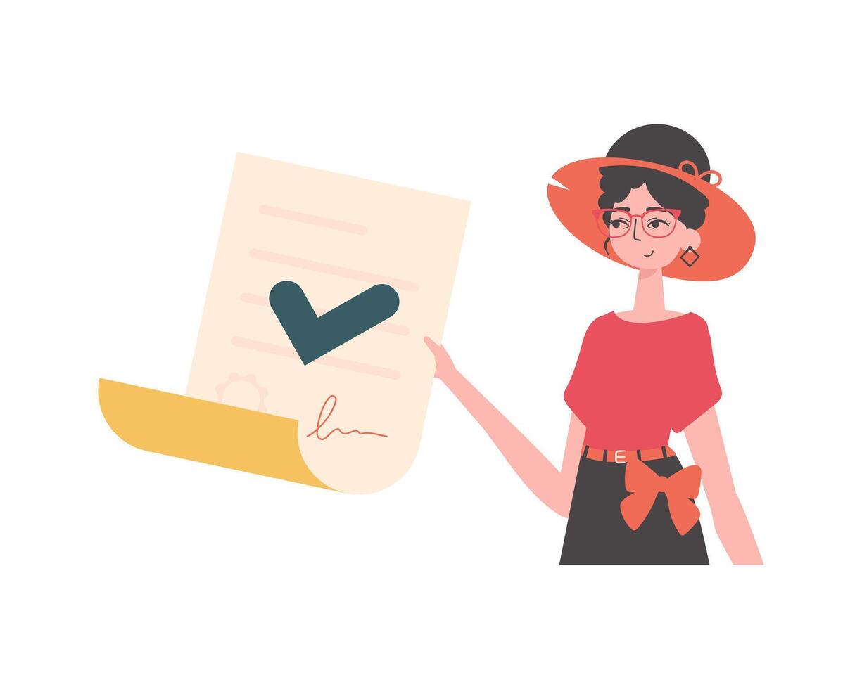 el mujer es participación un documento. inteligente contrato. datos proteccion. moderno estilo personaje. vector