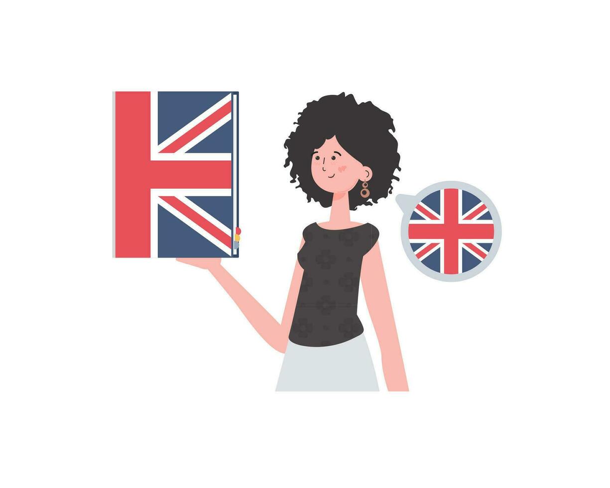 un mujer sostiene un Inglés diccionario en su manos. el concepto de aprendizaje inglés. aislado. plano moderno estilo. vector ilustración.