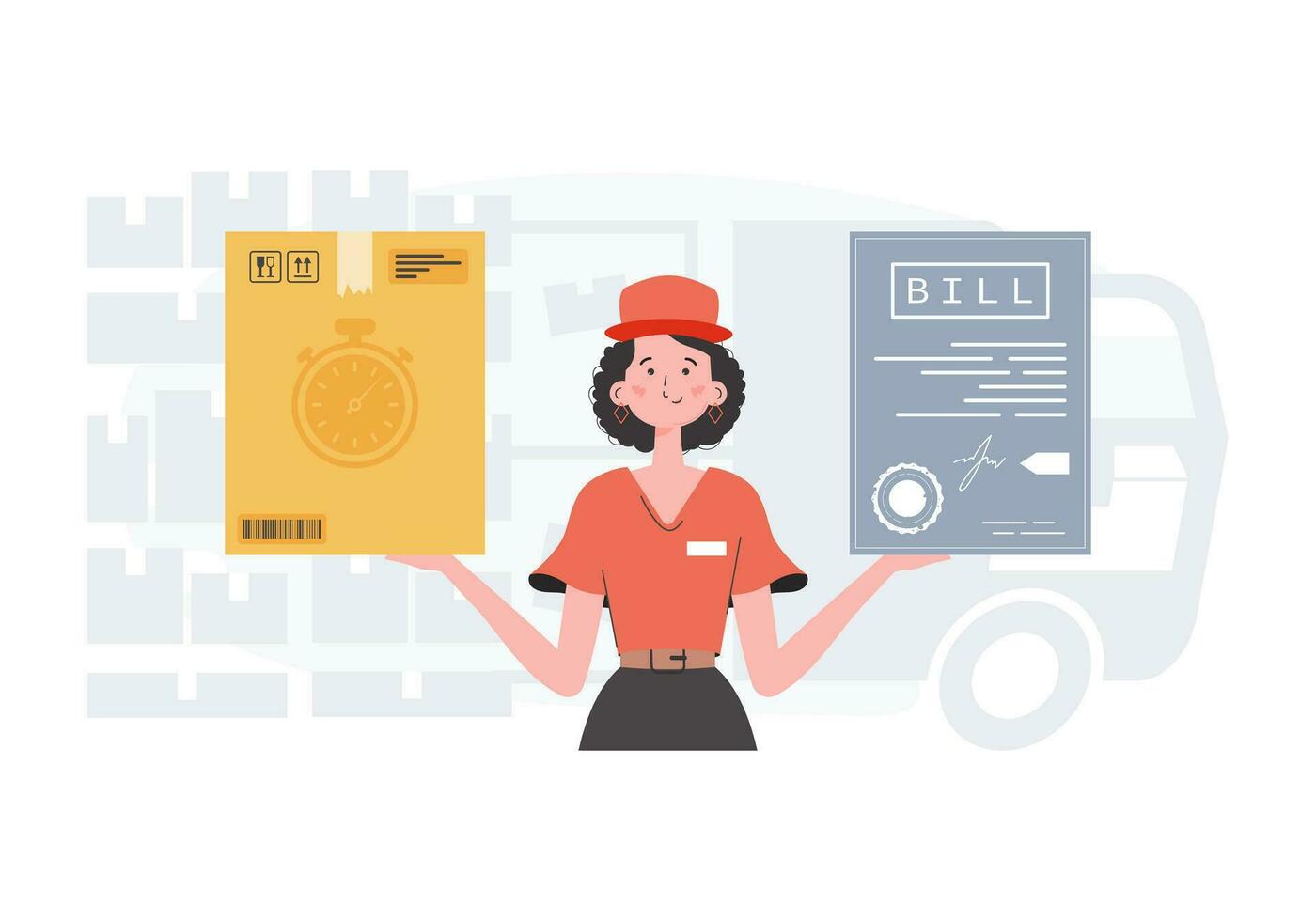 Delivery concept. A woman courier is holding a box and a check. trendy style. Vector. vector