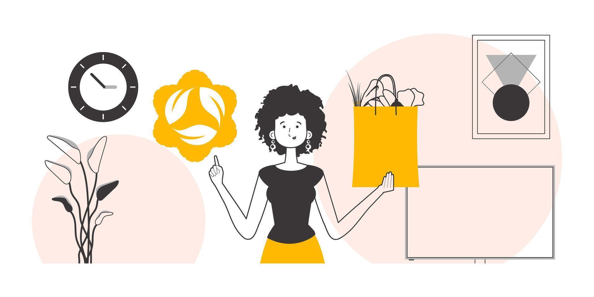 The concept of reasonable consumption. Woman, package with products and eco logo. Linear modern style. vector