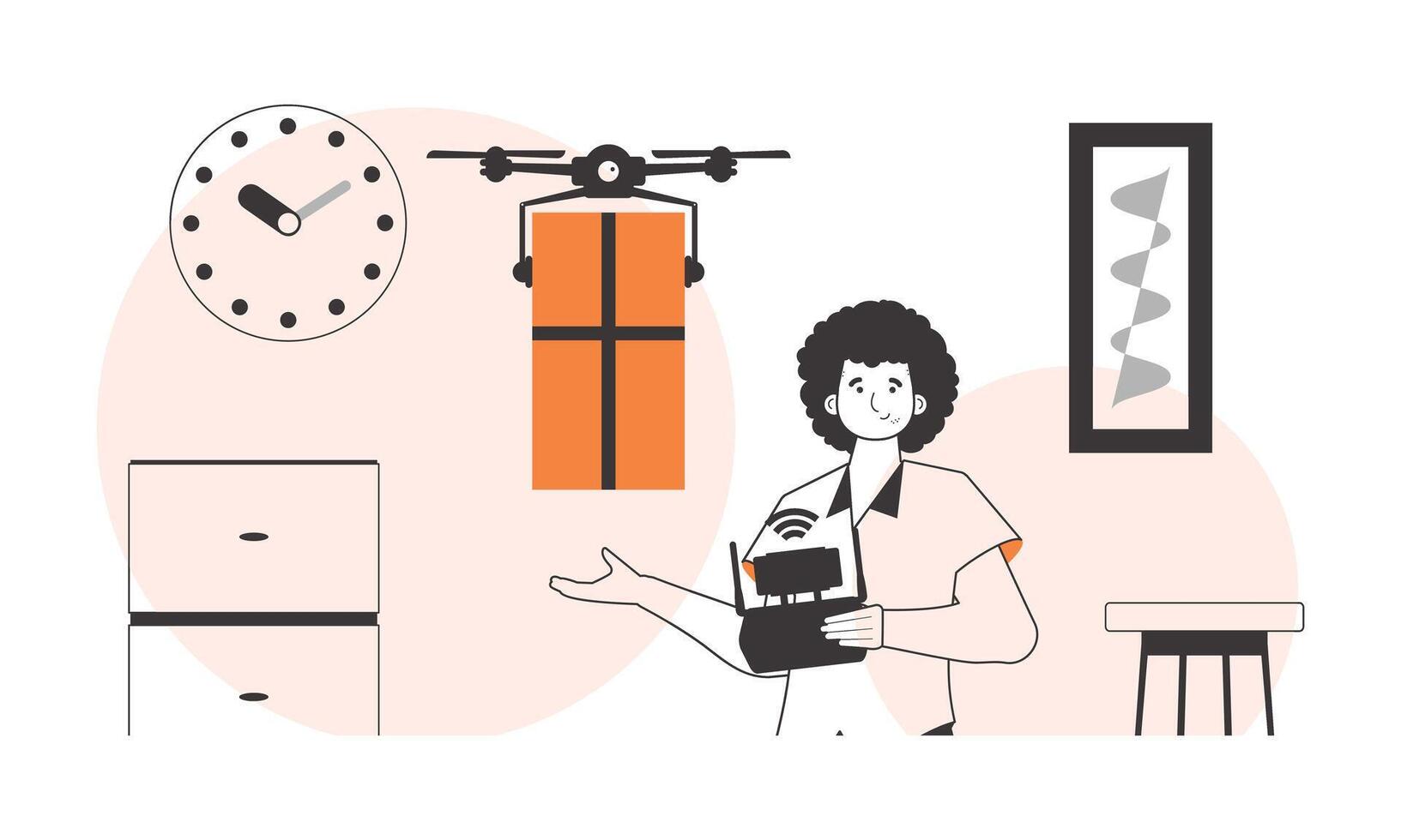 A man sends a package with a drone. The concept of cargo delivery by air. Linear style. vector