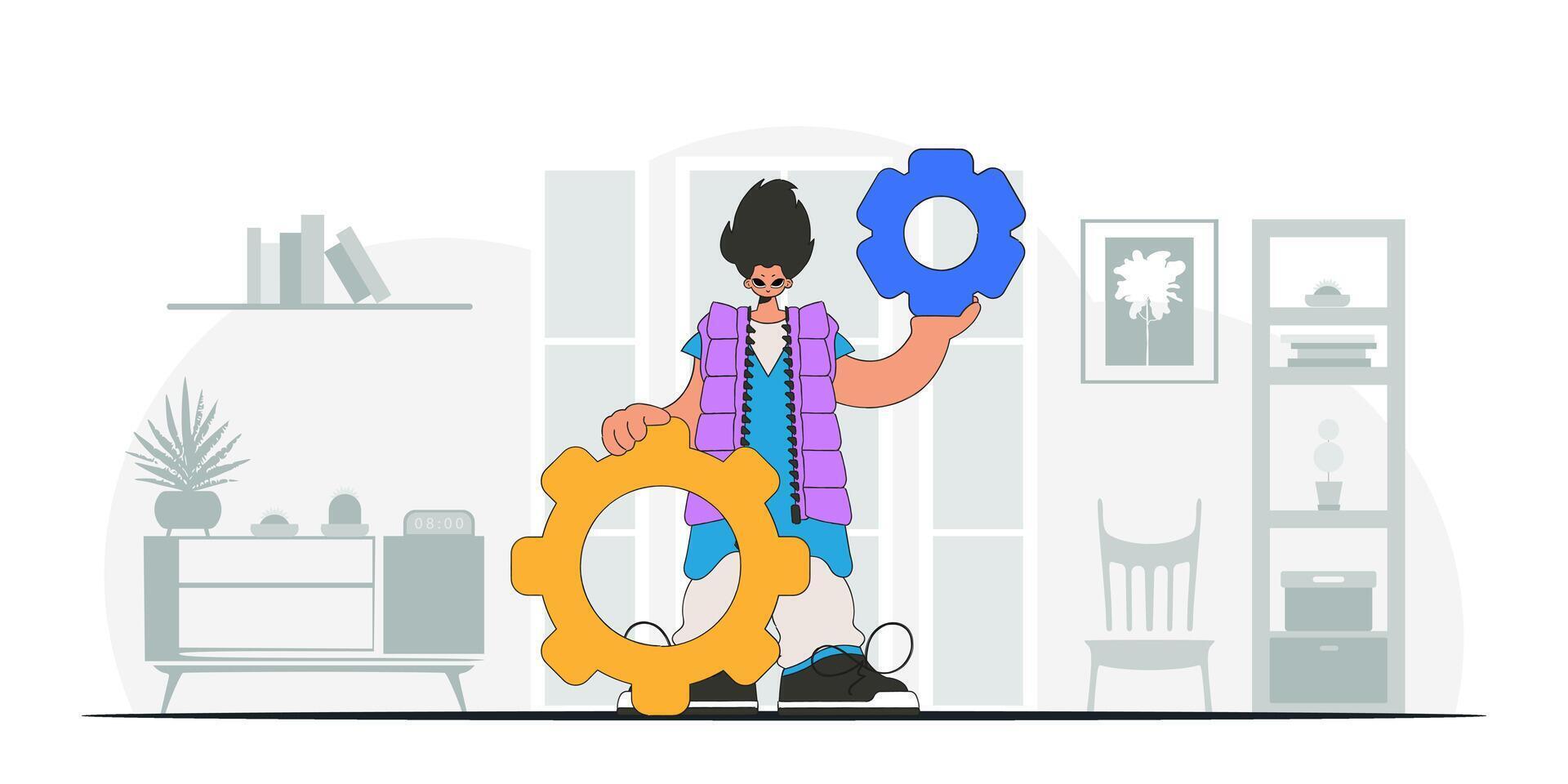 Gorgeous guy holding gears. Idea concept. trendy character. vector