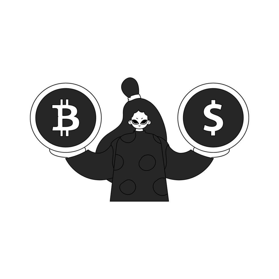 An attractive woman is holding a bitcoin and dollar coin. Linear black and white style. vector