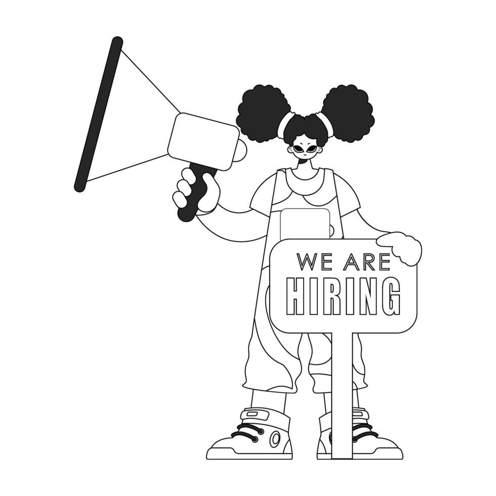 A trained HR specialist woman holds a megaphone in her hands. HR topic. Newspaper black and white style. vector