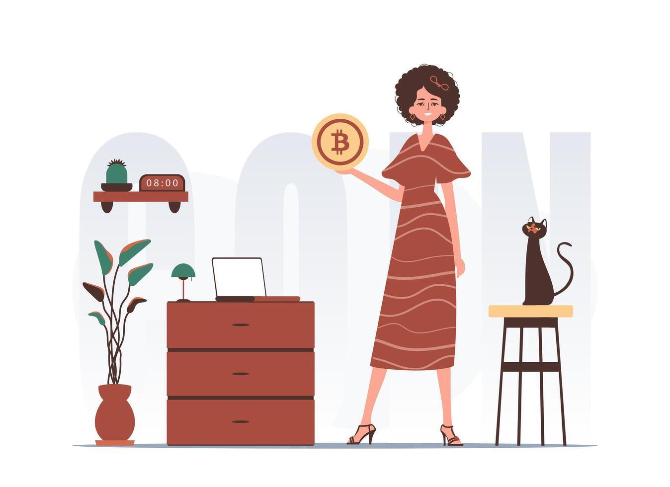 el concepto de minería y extracción de bitcoin un mujer sostiene un bitcoin en su manos en el formar de un moneda. personaje en moderno de moda estilo. vector