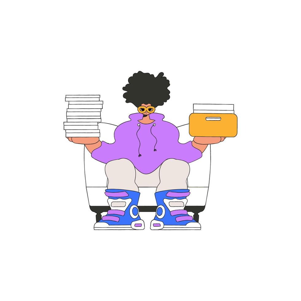 A stylish guy holds stacks of documents in his hands. vector