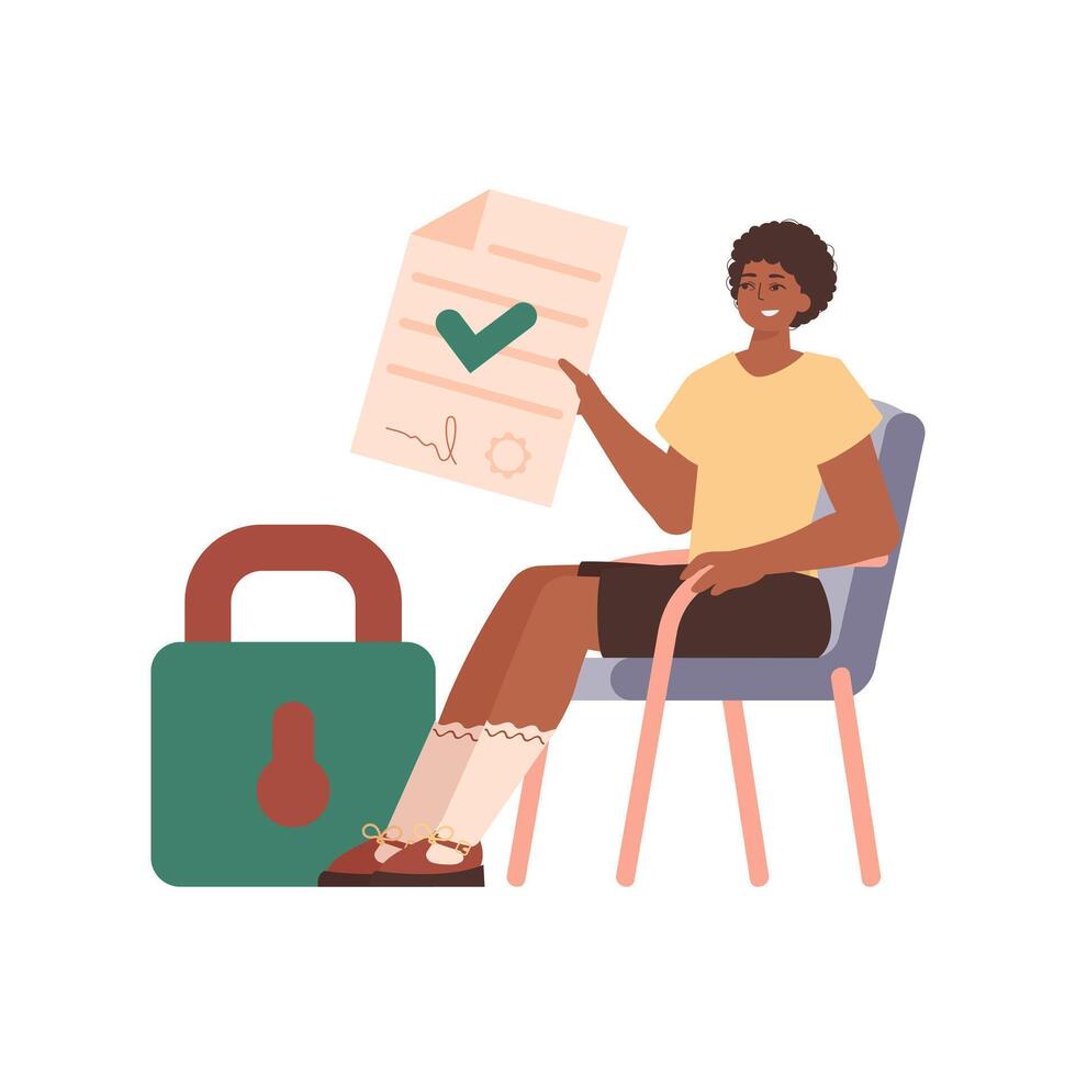 The man sits in a chair and holds a document in her hands. Data protection. Smart contract. vector