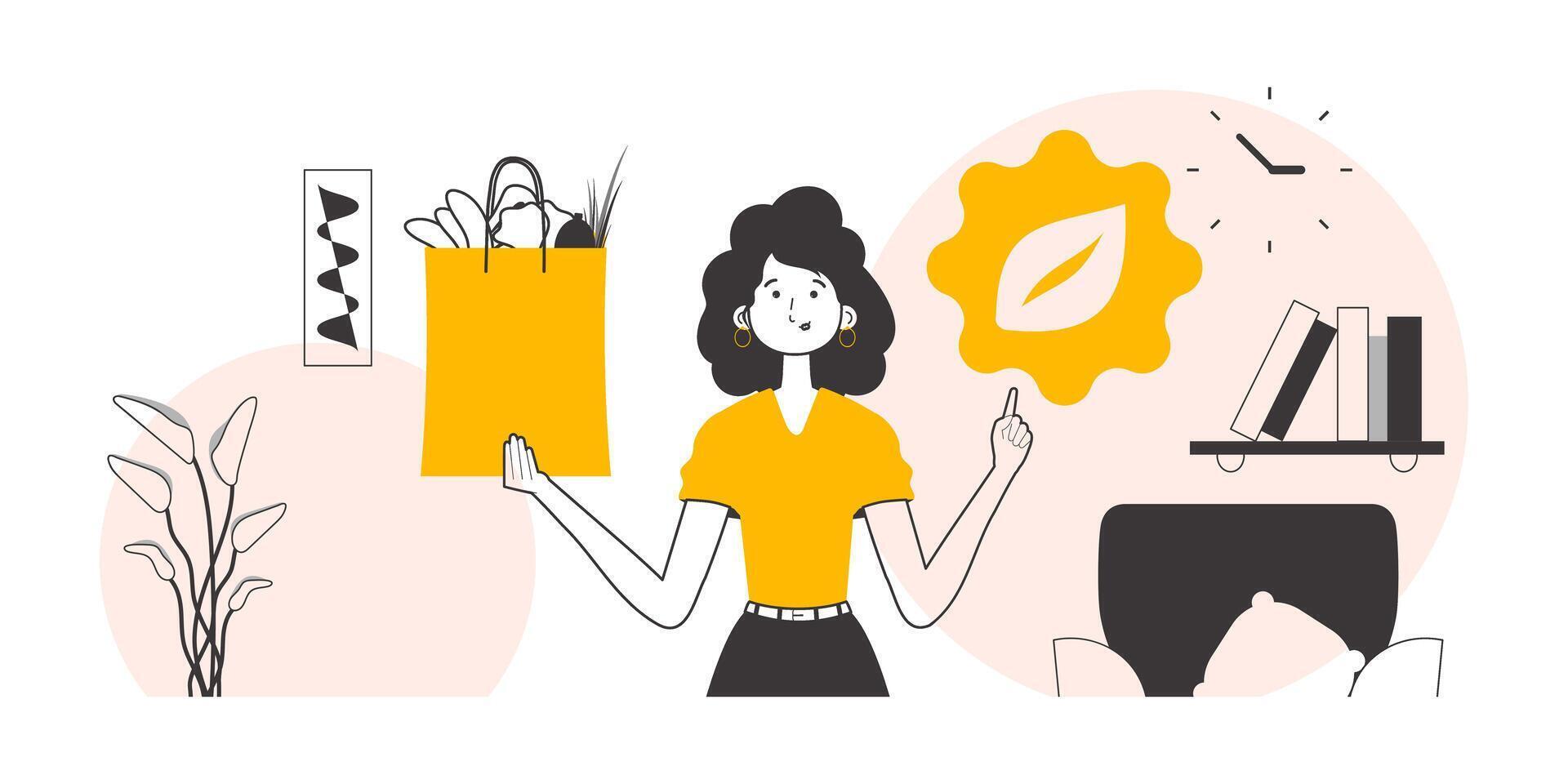 The concept of reasonable consumption. Woman, package with products and eco logo. Linear style. vector