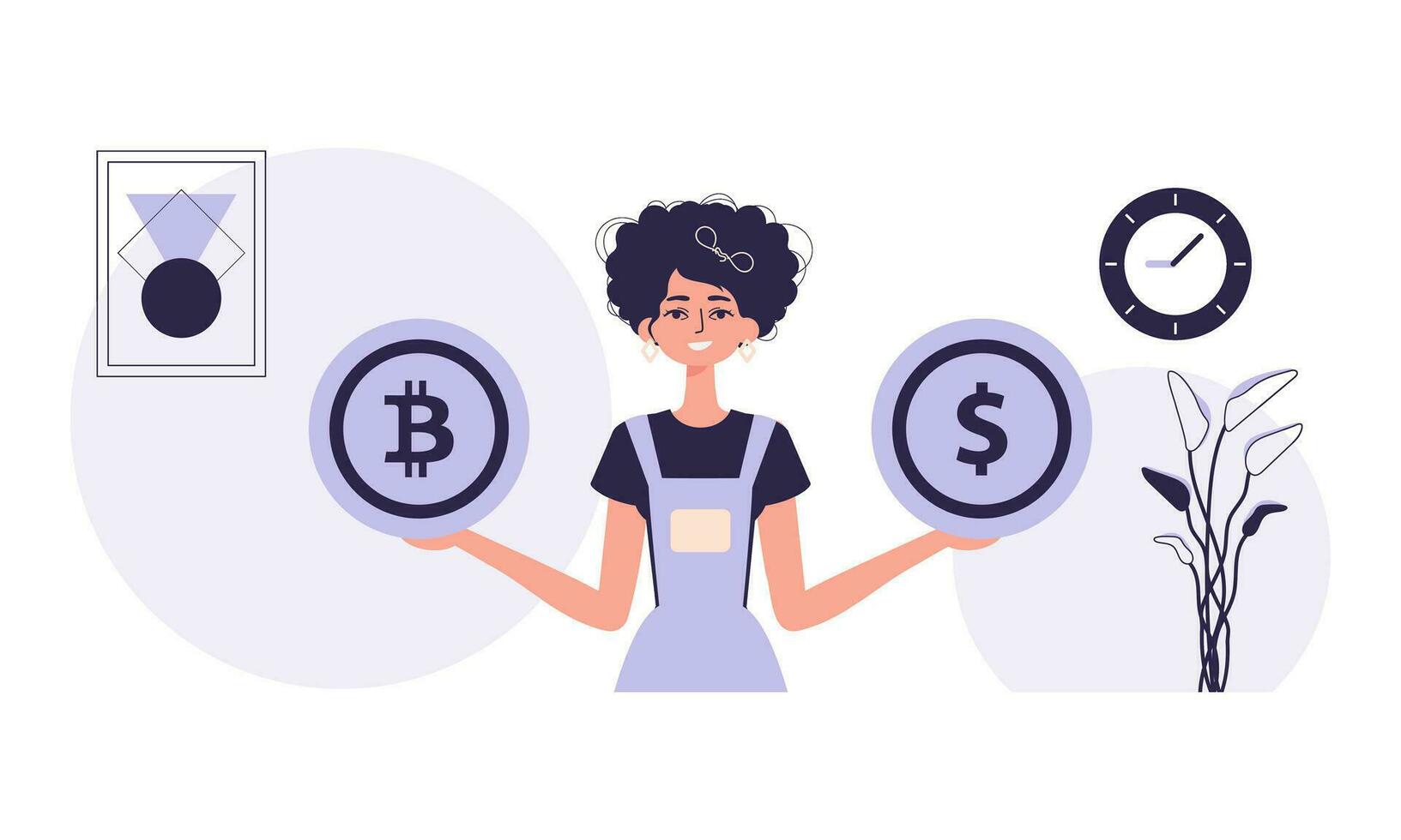 el concepto de minería y extracción de bitcoin un mujer sostiene un bitcoin y un dólar en su manos. personaje en moderno de moda estilo. vector