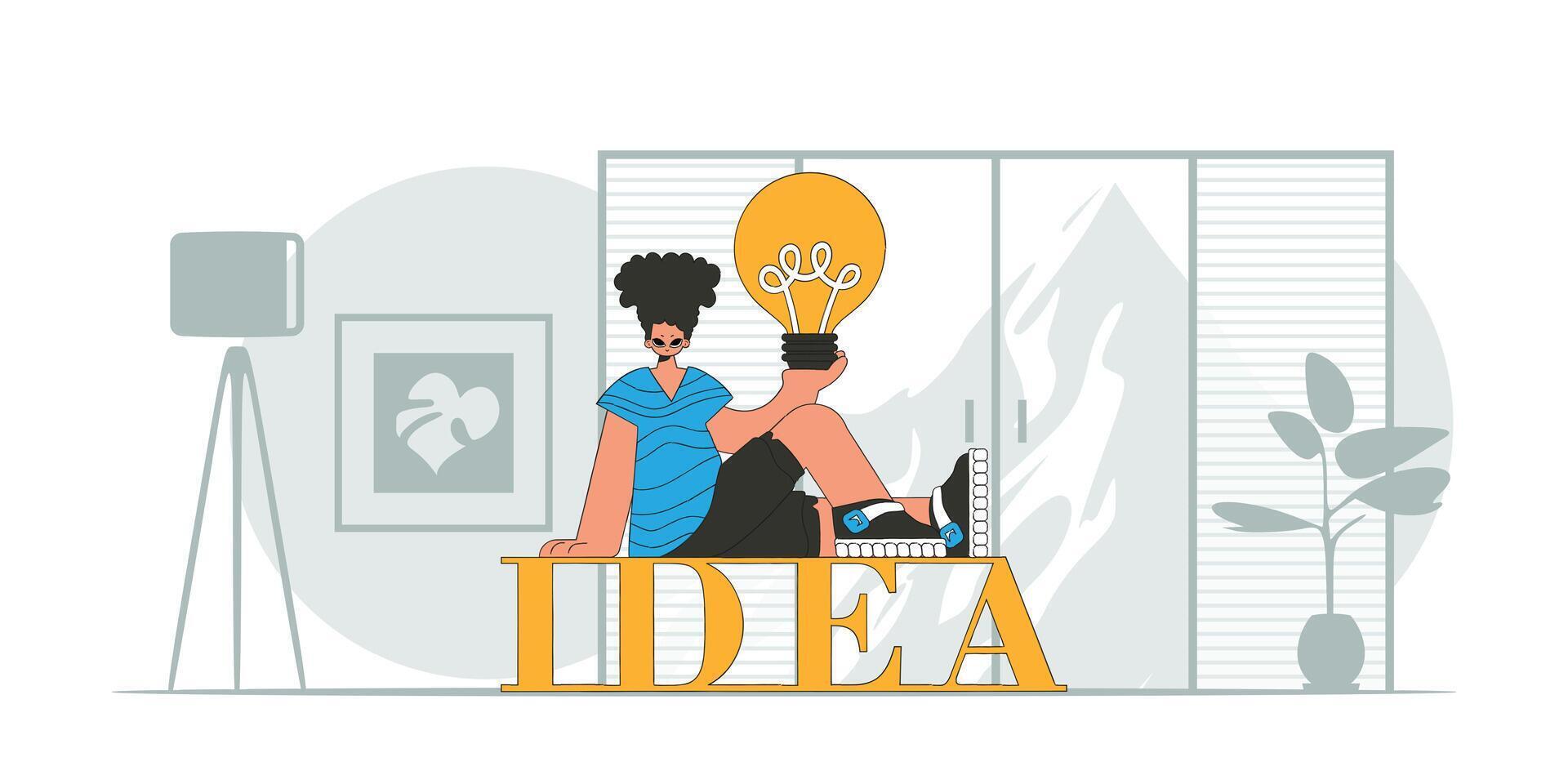 Presentable guy holding a light bulb. Idea concept. trendy character. vector