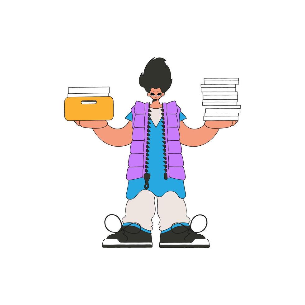 A combed-out guy holds stacks of documents in his hands. vector