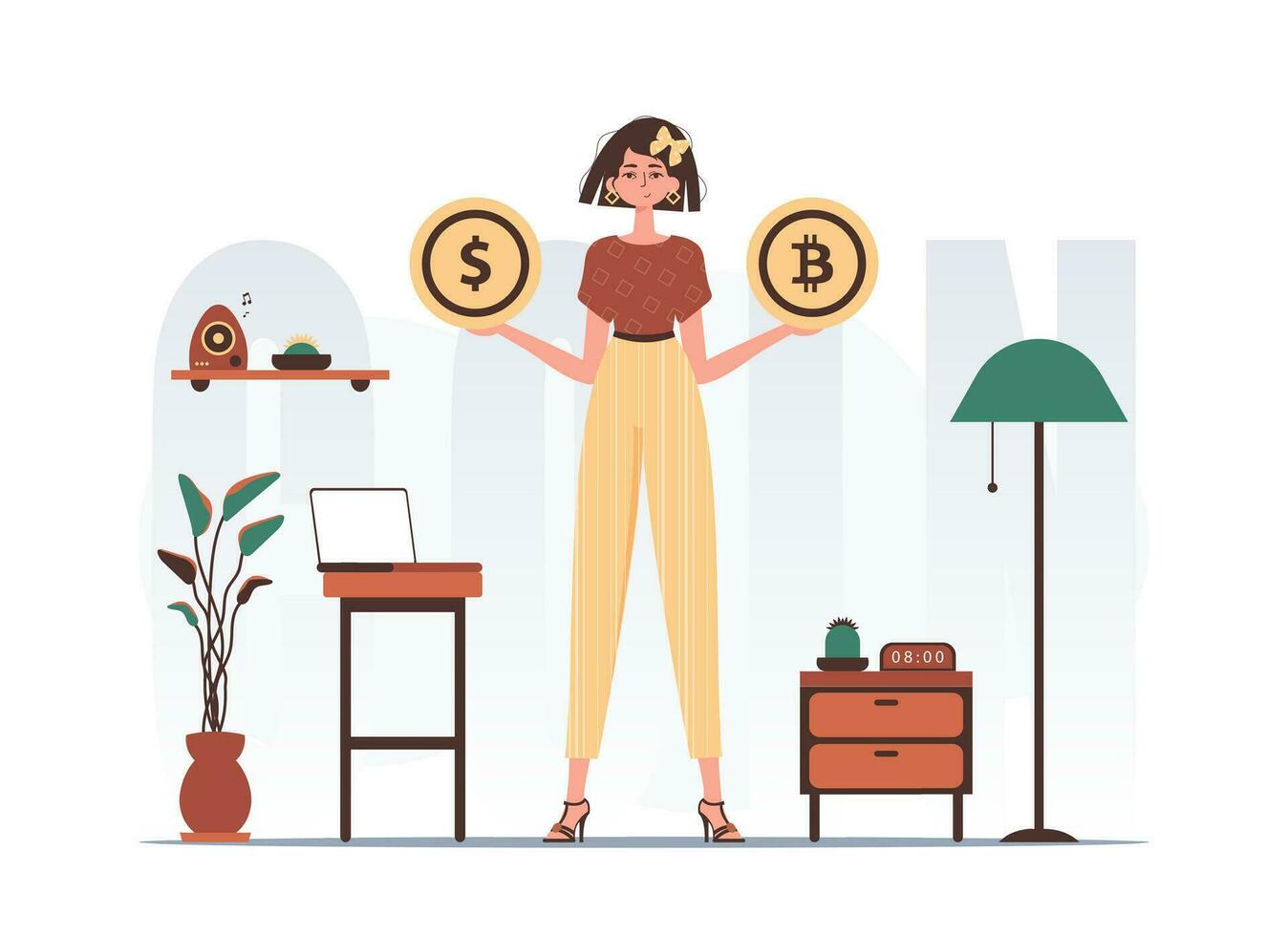 criptomoneda concepto. un mujer sostiene un moneda de bitcoin y dólar en su manos. personaje en moderno de moda estilo. vector