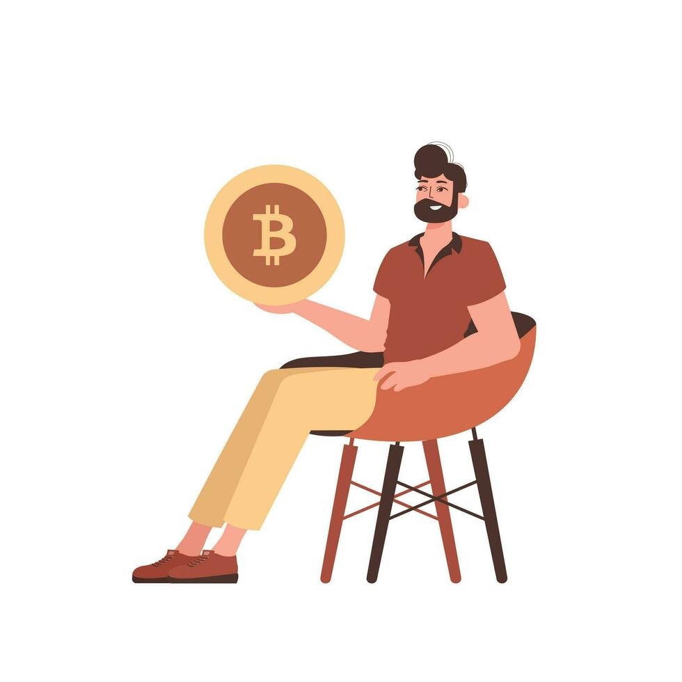 The guy sits in a chair and holds a bitcoin coin in his hands. vector