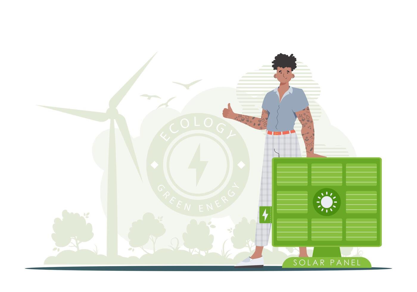 Eco energy concept. The guy is standing near the solar panel. . trendy style. vector