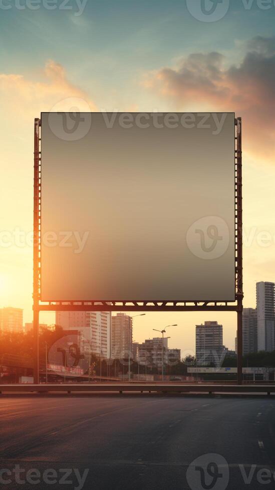 Vibrant sunset forming a fiery backdrop for a blank billboard frame, perfect for bold advertising photo