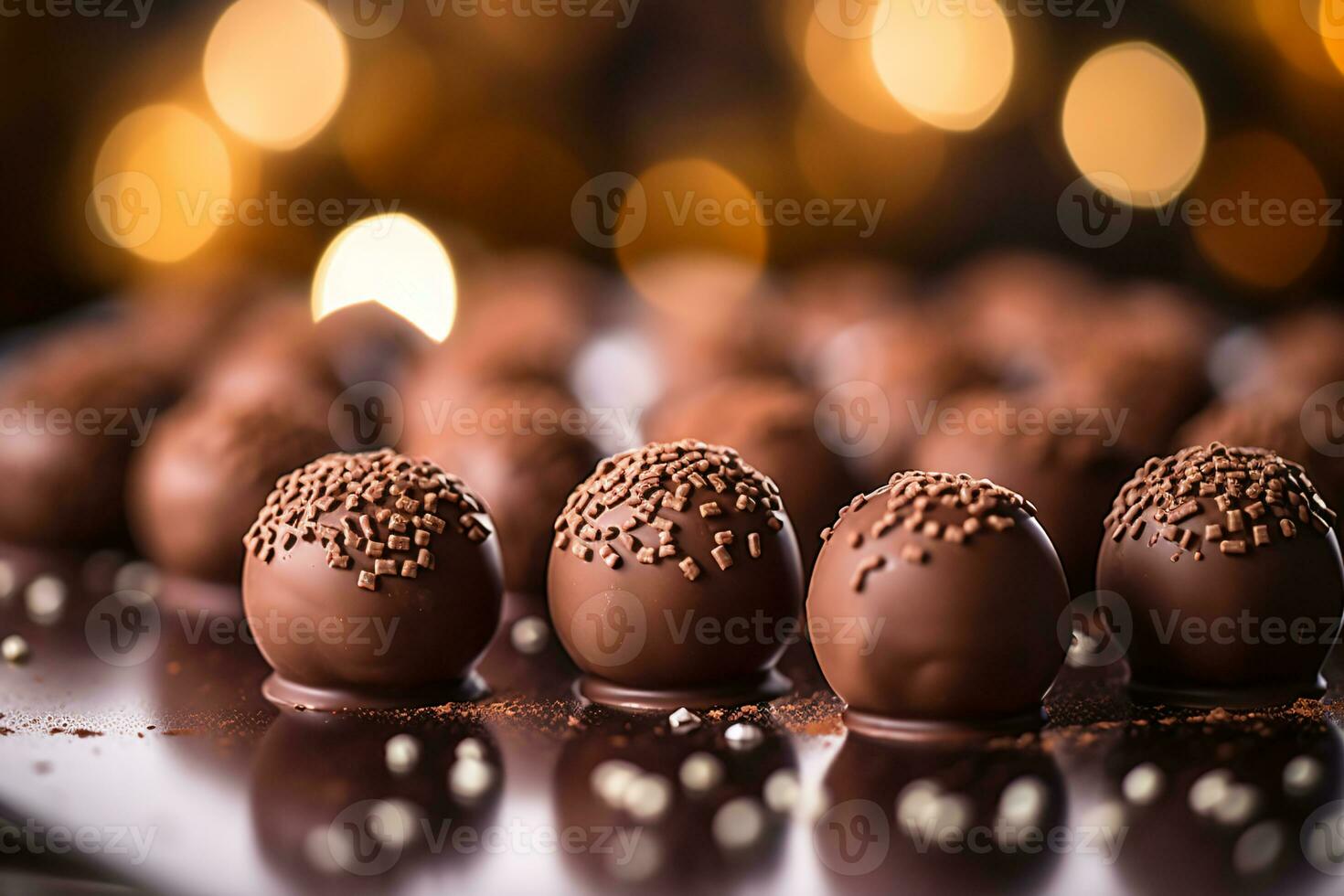 lujoso Leche chocolate trufas en brillante pulido superficie con bokeh efecto ai generativo foto