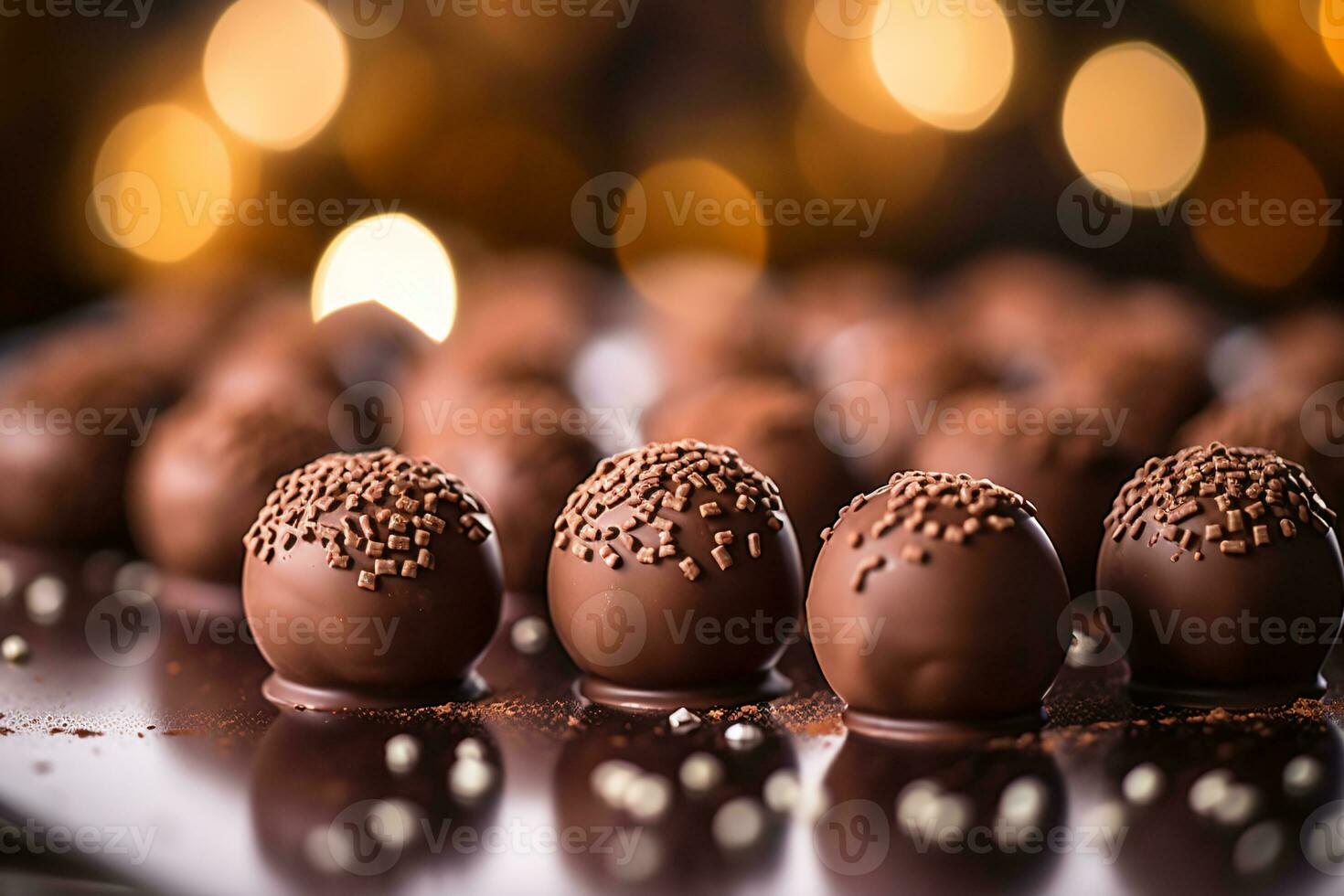 Luxurious Milk Chocolate Truffles on Bright Polished Surface with Bokeh Effect AI Generative photo