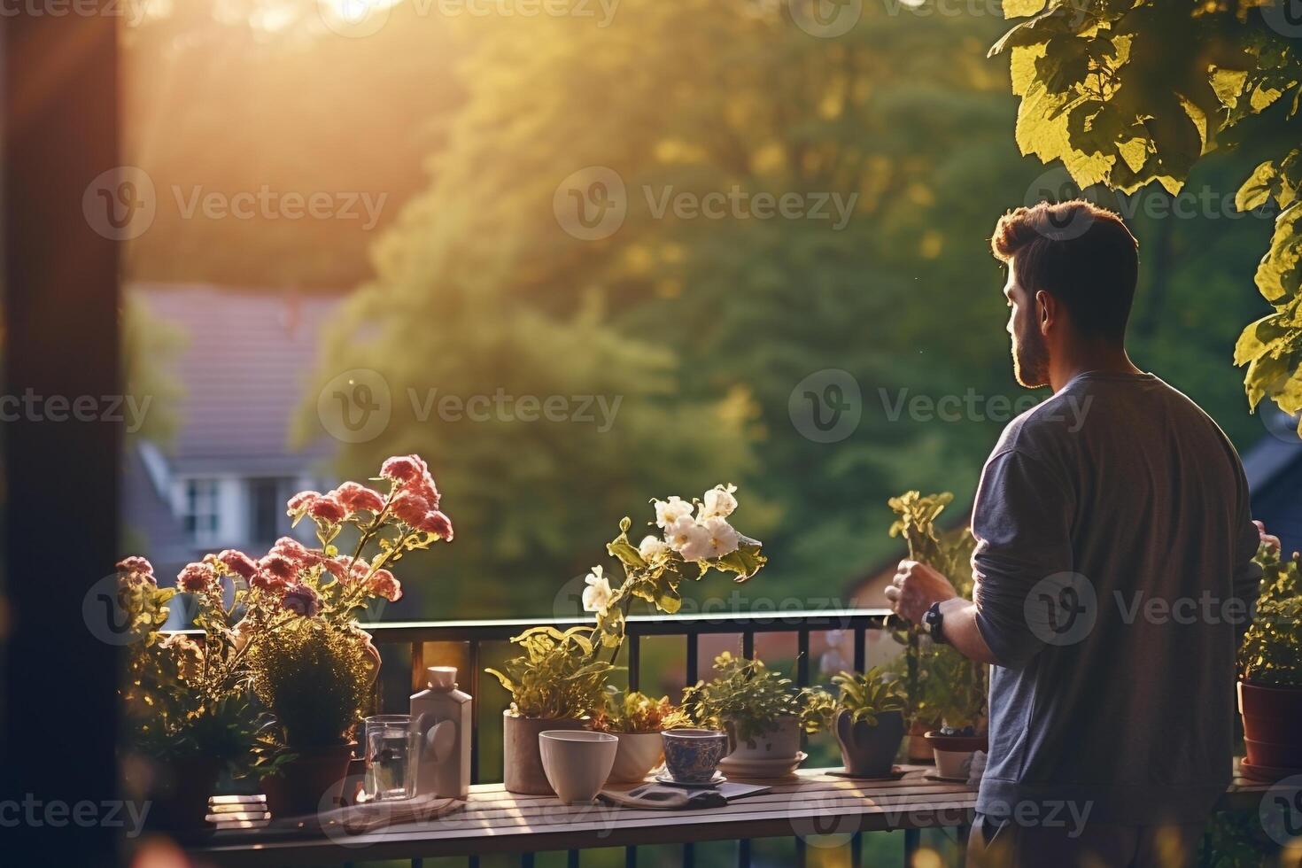 Man embracing a serene morning routine on a sunlit balcony overlooking a vibrant spring garden photo