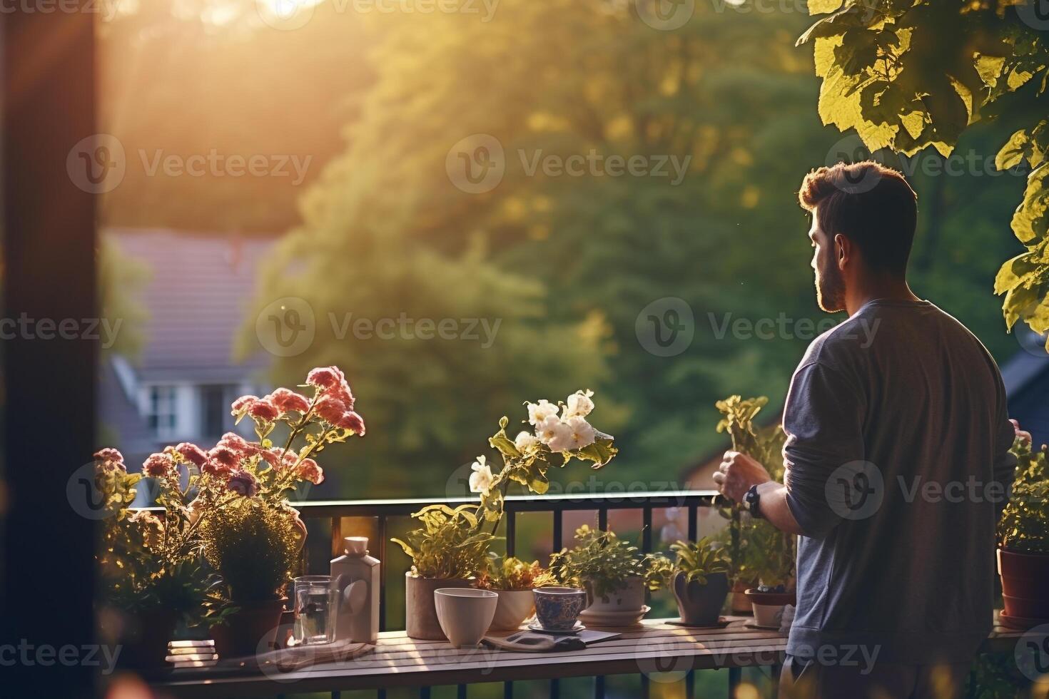 hombre abrazando un sereno Mañana rutina en un iluminado por el sol balcón con vista a un vibrante primavera jardín ai generativo foto