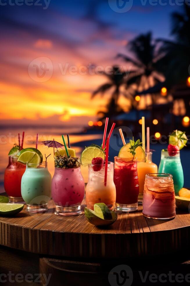 Array of Vibrant Exotic Cocktails against Tropical Beach Backdrop at Dusk photo