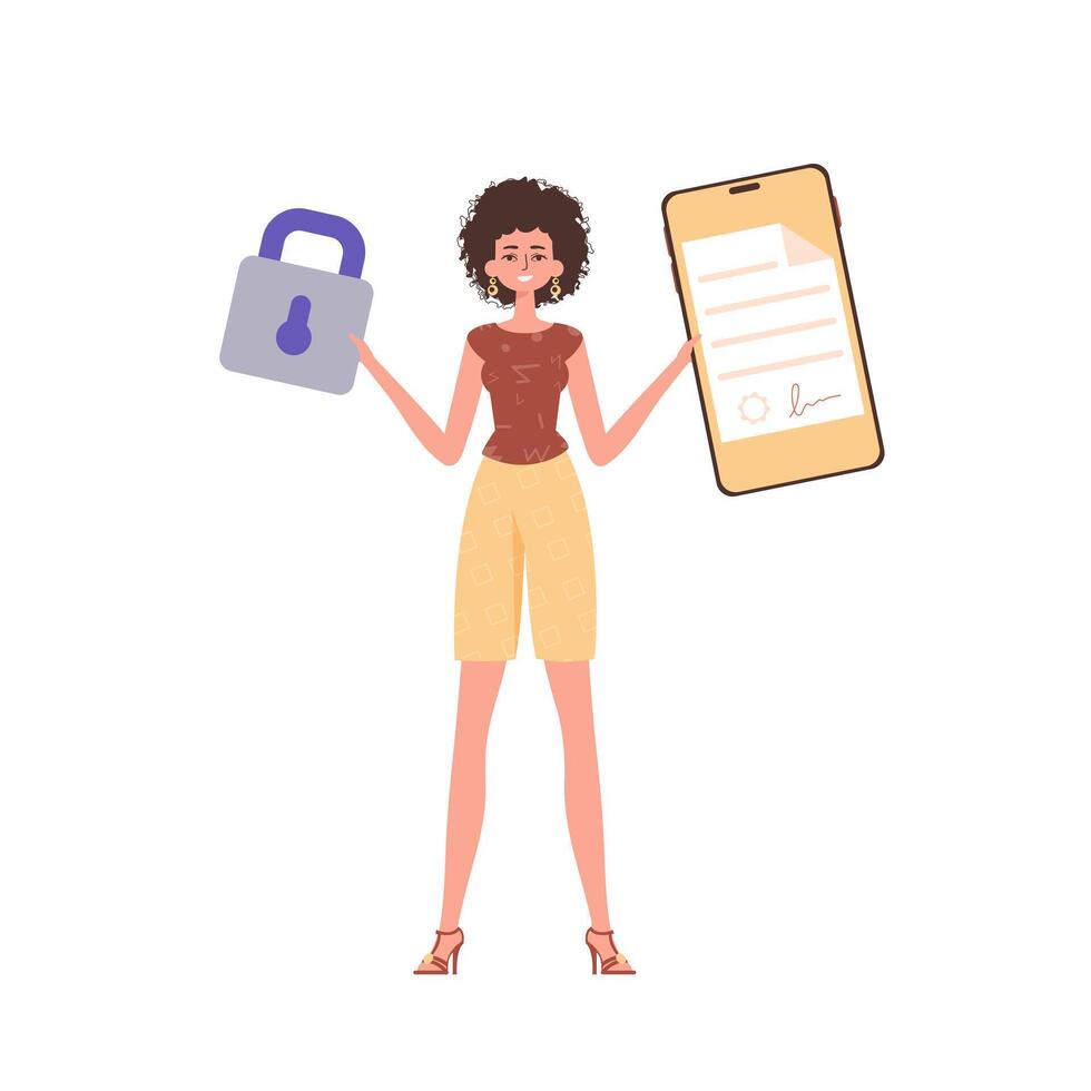 A woman holds a contract or document in her hand. Data protection concept. Smart contract. Trend style character. vector