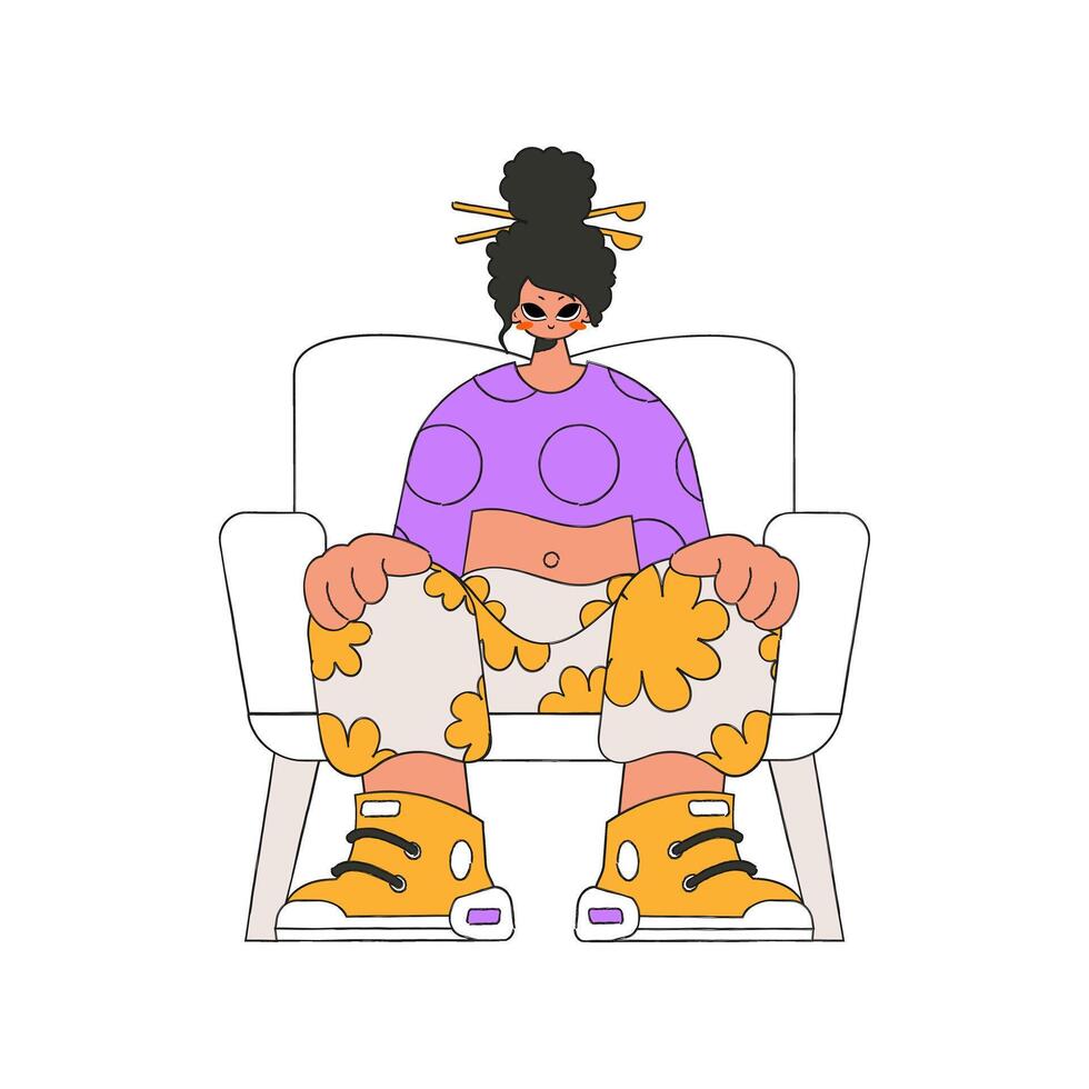The girl is sitting in a chair. Character Trendy retro style. vector