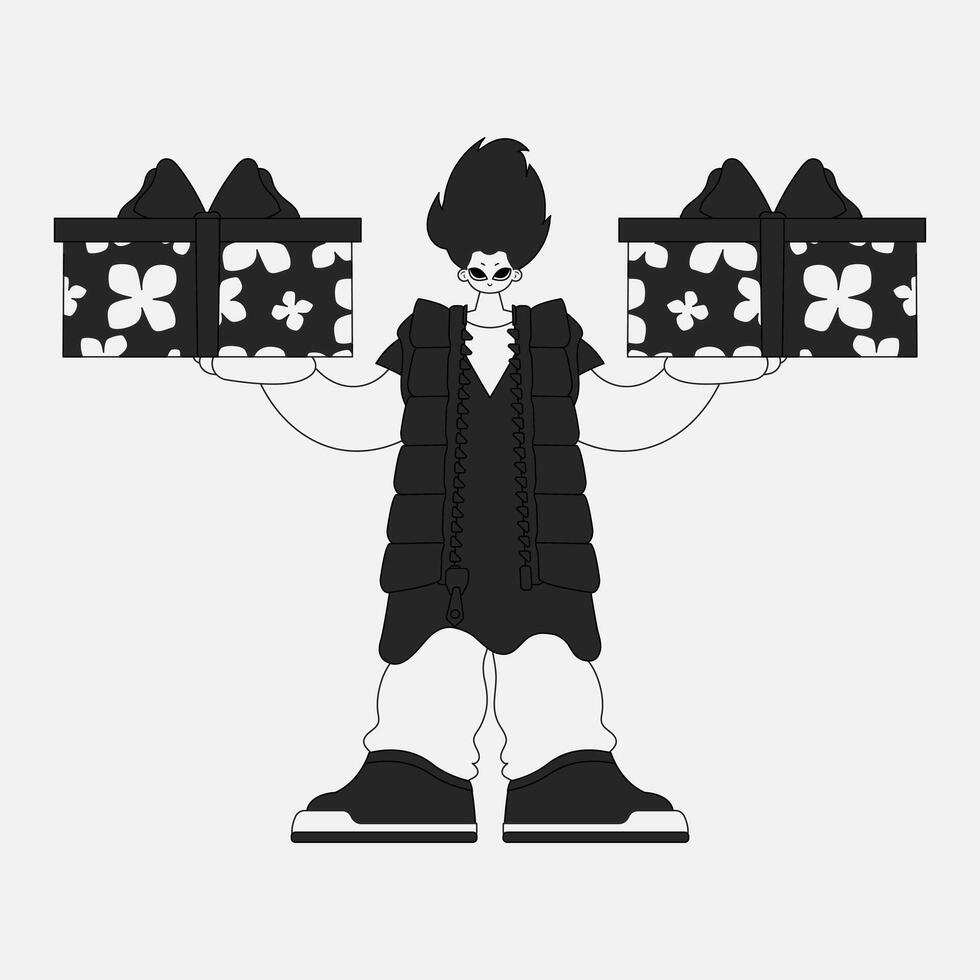 A unique man is holding a gift box. Linear style character. vector