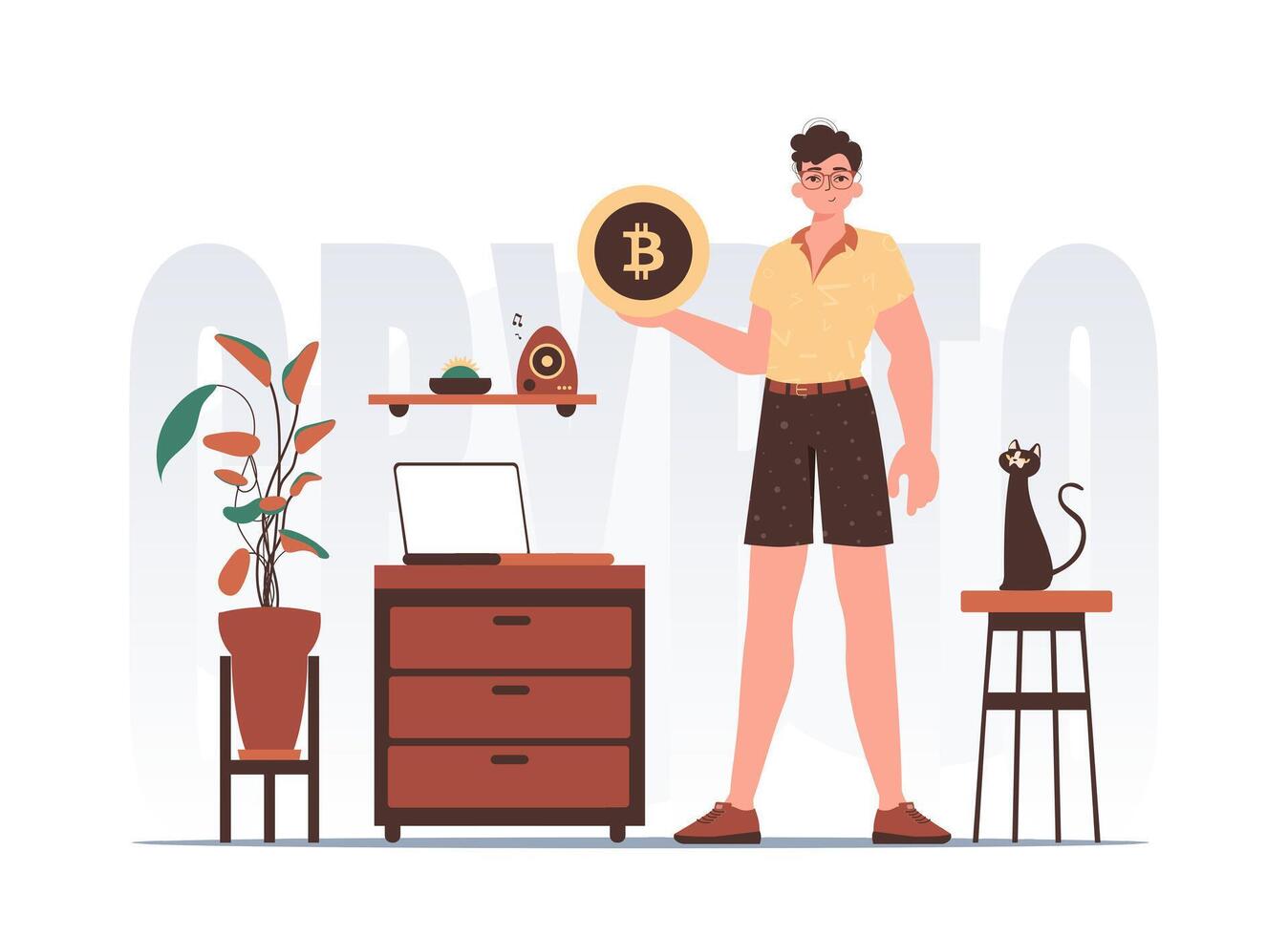 criptomoneda concepto. un hombre sostiene un bitcoin moneda en su manos. personaje en de moda estilo. vector